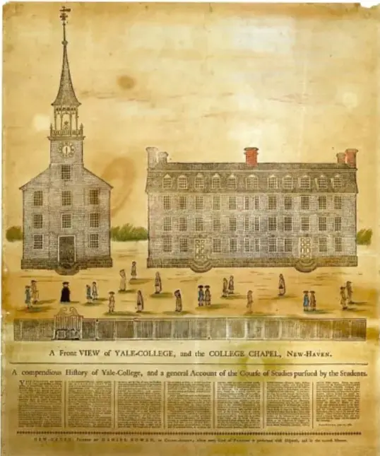 Grabado antiguo titulado 'A Front View of Yale-College, and the College Chapel, New-Haven', que muestra un edificio religioso con torre y un edificio universitario, con figuras de personas en el frente.