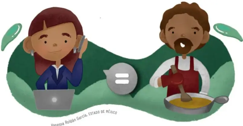 Ilustración de una niña con laptop y un niño cocinando, con un ícono de igualdad entre ellos, que representa la ruptura de estereotipos de género. Crédito: Vanessa Roldán García, Estado de México.