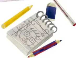 Ilustración de un modelo de pliego petitorio con lápices, goma y un cuaderno; fotografía de Armando Amezcua Mora, Guanajuato.