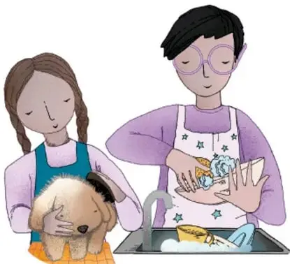 Ilustración de dos niñas realizando actividades domésticas: una peina a un perro y la otra lava trastes en el fregadero.