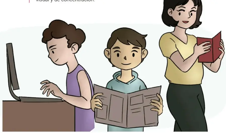 Ilustración de tres personas: un niño usando una computadora de escritorio, un niño leyendo un periódico y una mujer leyendo un libro. Al pie: 'Mariana Reyes Santiago, ESTADO DE MÉXICO'.