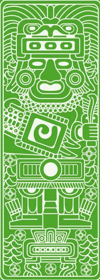 Ilustración vertical en verde con estética mesoamericana: figura estilizada con tocado, máscara, colgantes y motivos geométricos y florales, que representa la herencia cultural indígena de México.