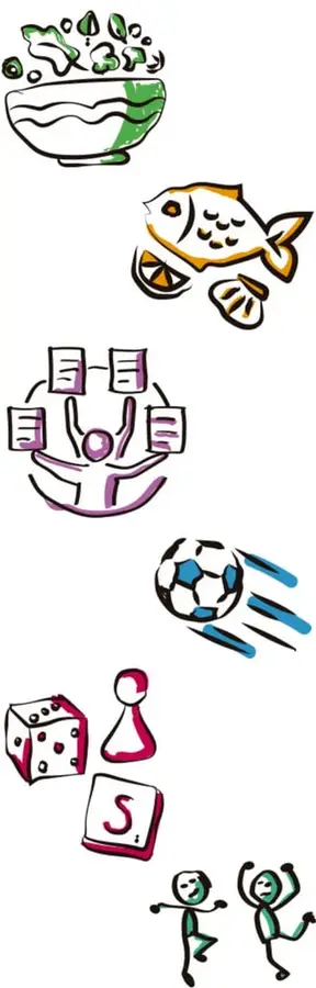 Ilustraciones de una ensalada, un pescado con limón, una persona levantando hojas (organizar actividades), un balón de fútbol en movimiento, dados y fichas de juego de mesa, y dos niños bailando.