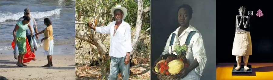 Cuatro fotografías de personas afromexicanas: una familia pescadora que recoge redes en la playa, un hombre con sombrero y camisa blanca entre árboles, una mujer que carga una canasta con frutas (sandías, piña, mamey) y una escultura de cerámica de una figura humana con sombrero, en exhibición.