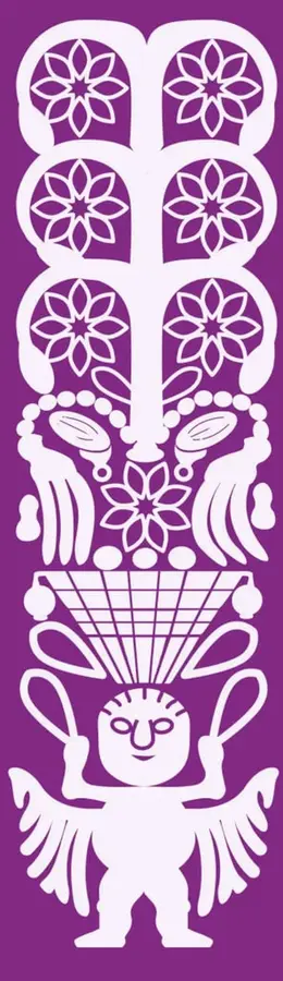 Ilustración decorativa en color morado con figuras geométricas y florales simétricas, de estilo inspirado en arte popular mexicano (papel picado o textil). En la parte inferior aparece una figura antropomorfa con alas y brazos levantados sosteniendo dos objetos, sobre un fondo morado.