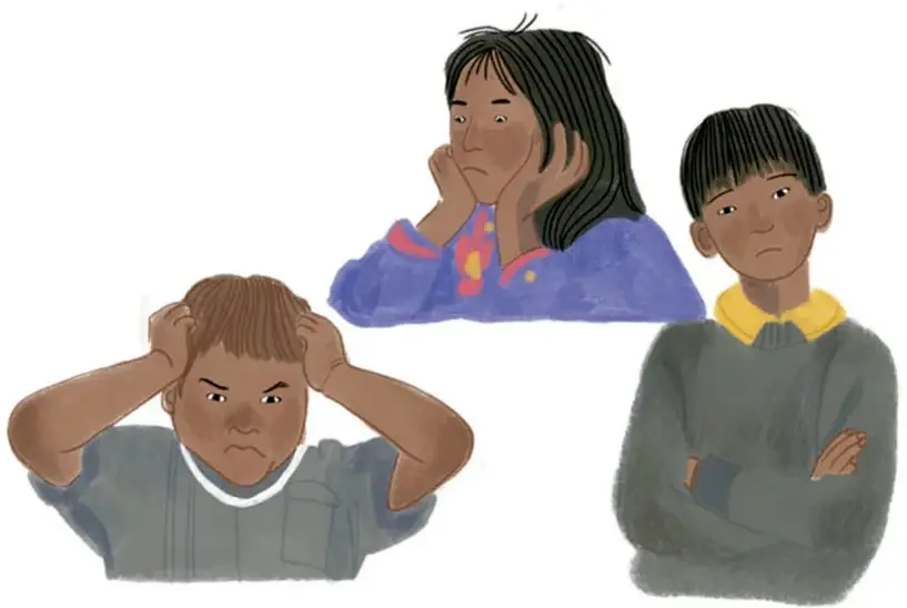 Ilustración de tres estudiantes: uno con las manos en la cabeza, otra pensativa y otro con los brazos cruzados, representando emociones ante conflictos.