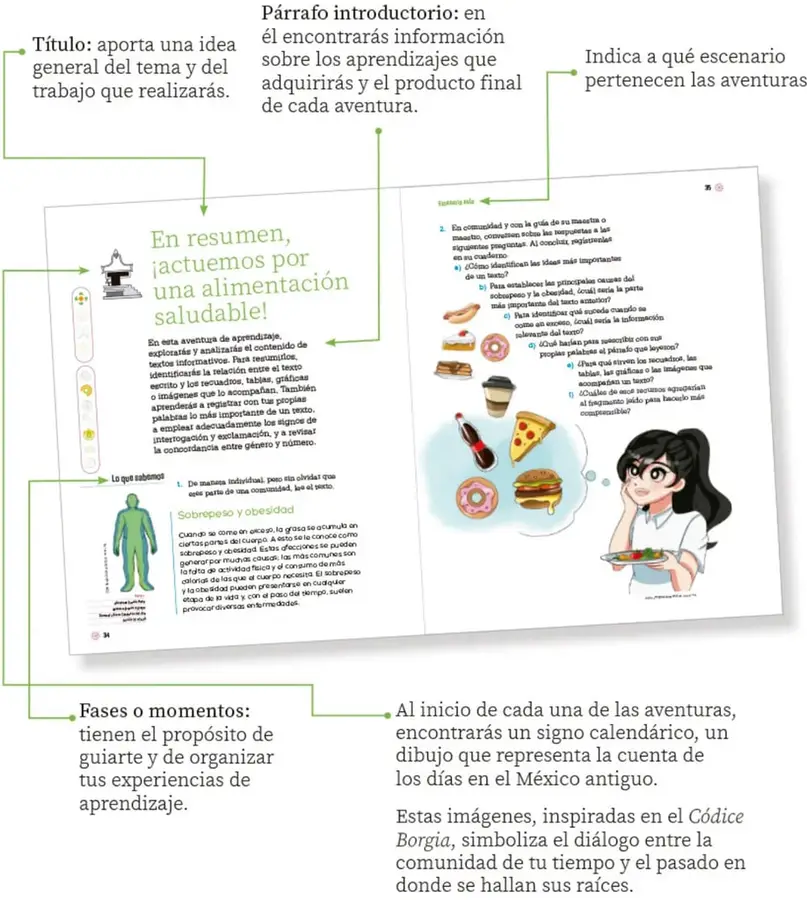 Esquema de las páginas 34–35 del libro con líneas que señalan título, párrafo introductorio, escenario, fases y signo calendárico.