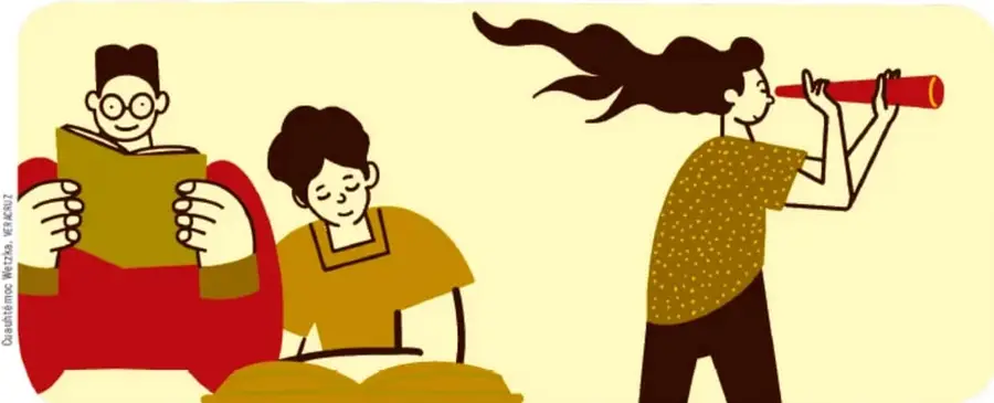 Ilustración de tres estudiantes: uno leyendo un libro, otro escribiendo y una más observando con un catalejo, en un fondo amarillo.