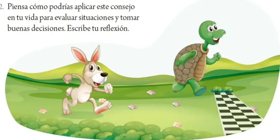 Ilustración de la fábula de la liebre y la tortuga: la liebre corre y la tortuga avanza hacia una meta con cuadros blancos y negros, en un paisaje verde con flores.