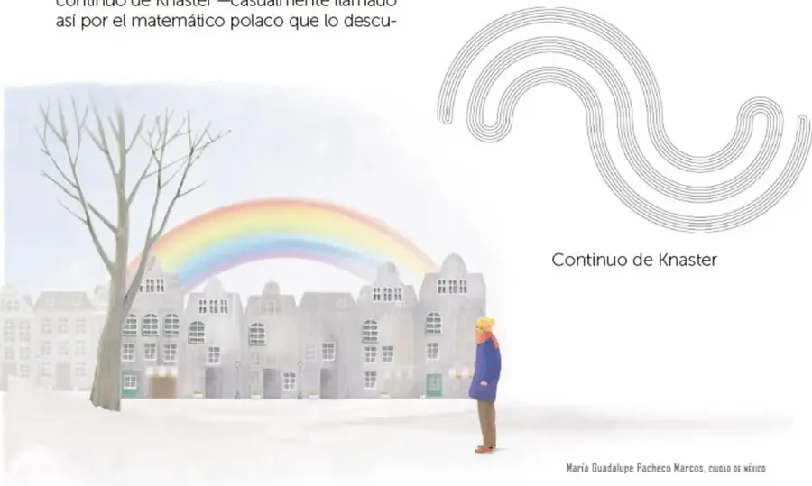 Ilustración de una ciudad nevada con un árbol sin hojas, un arcoíris de colores y una persona con abrigo azul y gorro amarillo.