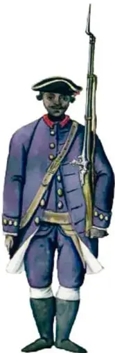 Ilustración del uniforme del Batallón de Pardos de Guadalajara (1771): figura militar afrodescendiente con casco, casaca azul con vivos rojos, chaleco blanco y pantalón hasta la rodilla, sosteniendo un fusil con bayoneta.