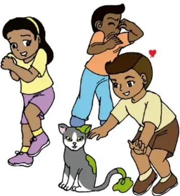 Tres niñas acariciando a un gato con expresión de asombro, acompañadas de un corazón rojo; ilustración de Irene Reyes Santiago, Estado de México.