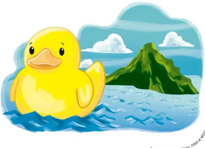 Ilustración de un patito de goma amarillo flotando en el mar frente a una isla con forma de montaña volcánica y nubes.