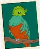 Estampilla con un ave de cabeza verde y cuerpo naranja posada en una rama, fondo verde azulado.