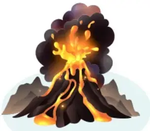 Ilustración de un volcán en erupción con lava y nube de humo.