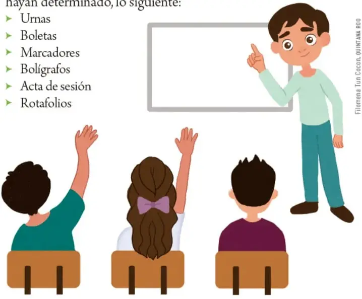 Ilustración de un docente señalando un pizarrón y tres estudiantes levantando la mano.