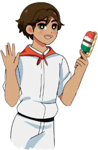 Ilustración de Ikal, un niño con camisa blanca y pañuelo rojo, sosteniendo un balero.