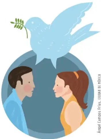 Ilustración de un joven y una joven conversando frente a frente con una paloma blanca con rama de olivo, símbolo de paz (ilustración de Ángel Lombriz Prios, Ciudad de México).