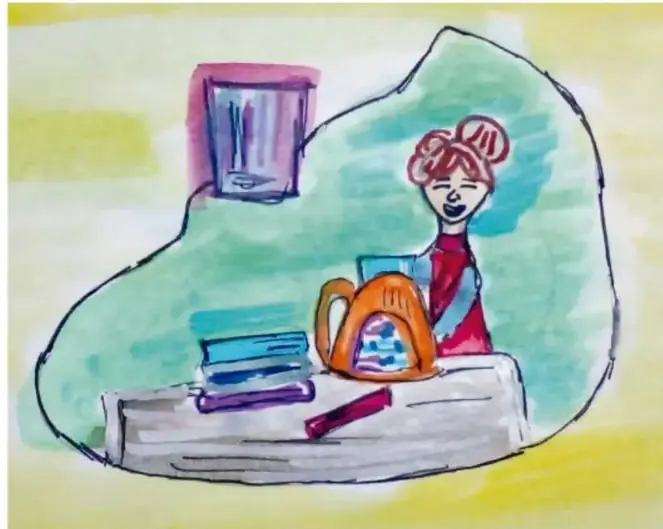 Ilustración infantil con acuarela: una niña con moños rojos sentada frente a una mesa con libros apilados, un bolso naranja y un lápiz, en un salón con una ventana al fondo.