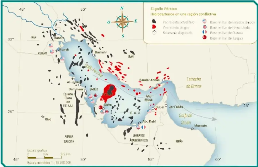 Mapa temático del golfo Pérsico que muestra yacimientos de petróleo y gas, oleoductos y bases militares de EE. UU., Reino Unido, Francia y Turquía.