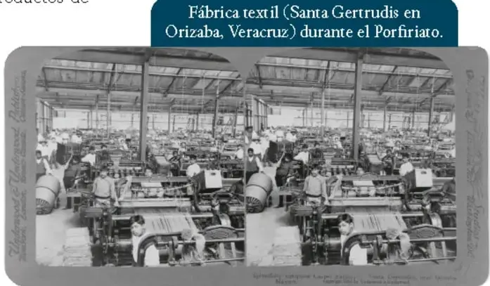 Fotografía en blanco y negro del interior de la fábrica textil Santa Gertrudis en Orizaba, Veracruz, con numerosos trabajadores operando maquinaria textil durante el Porfiriato.