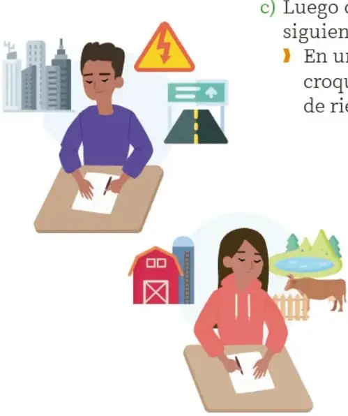 Estudiante sentado dibujando en un escritorio, con iconos de ciudad, señal de riesgo eléctrico y señalamiento vial.