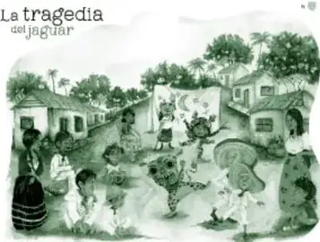 Ilustración del recurso 'La tragedia del jaguar': escena teatral con personajes enmascarados y público en un pueblo, en tonos verdes.