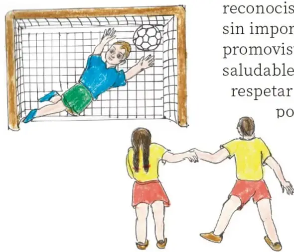 Ilustración de un arquero con camiseta azul y pantalón verde atajando un balón de fútbol frente a la portería.