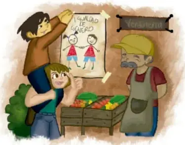 Ilustración de un niño y una niña pegando un cartel con figuras humanas, junto a un señor con delantal que sostiene una caja de verduras; al fondo un puesto de mercado.