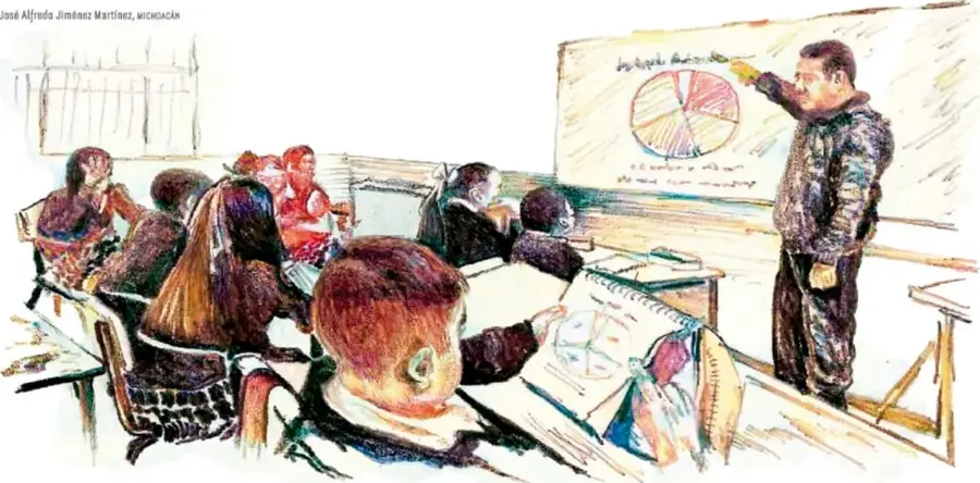 Ilustración de un aula escolar donde un docente señala una gráfica circular en el pizarrón y varios estudiantes sentados toman notas en sus cuadernos. Crédito: José Alfredo Jiménez Martínez, MICHOACÁN.