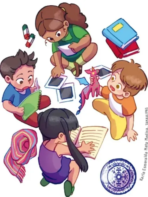 Ilustración de cinco niños sentados en círculo explorando objetos: libros, fotografías, una artesanía (máscara), un rebozo y un plato decorado, representando la Feria de los saberes. Crédito: Karla Esmeralda María Medina, TAMAULIAS.