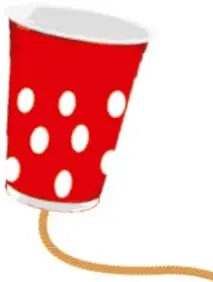 Vaso rojo con lunares blanco unido a un hilo: representa el Teléfono casero.