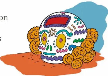 Ilustración de una calavera de azúcar decorada con flores de cempasúchil, obra de Israel Campos de León, Coahuila.