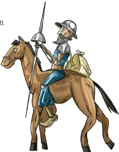 Ilustración de un caballero delgado con barba, yelmo y lanza, montado en un caballo delgado con alforjas; evoca a Don Quijote sobre Rocinante. Crédito: Carlos Javier Melgar Rincón, Michoacán.