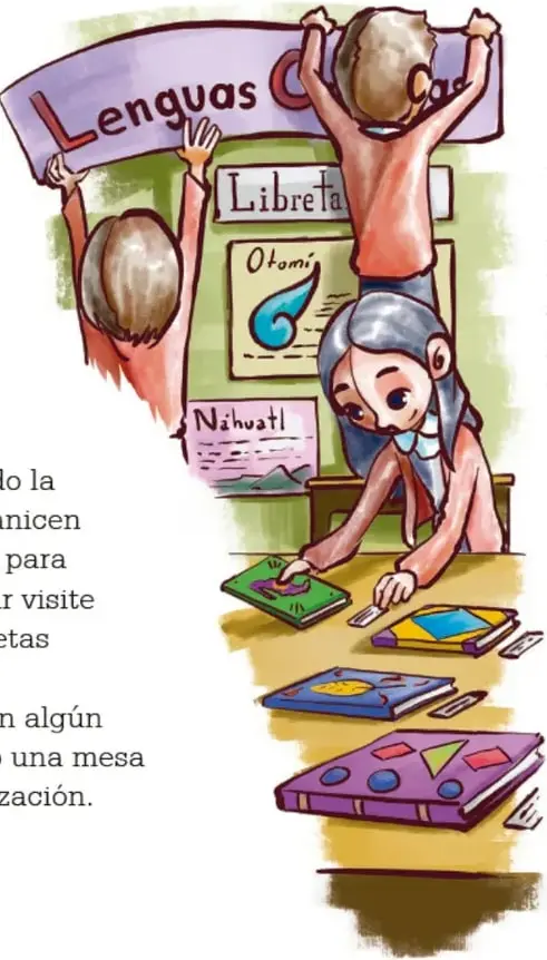 Ilustración de tres estudiantes: dos colocan un cartel con la palabra "Lenguas" sobre un muro y otro escribe en una libreta frente a carteles con las palabras "Otomí" y "Náhuatl". Crédito: Carlos de Miguel Cárcamo Martín, escena 46, 2012.