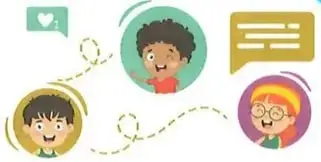 Ilustración decorativa de tres niños comunicándose mediante globos de diálogo.