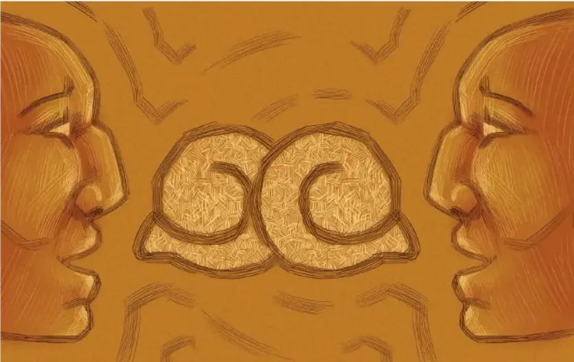 Ilustración en tonos ocre con dos rostros humanos de perfil enfrentados y una forma circular estilizada entre ambos, simbolizando la comunicación y el intercambio entre hablantes.
