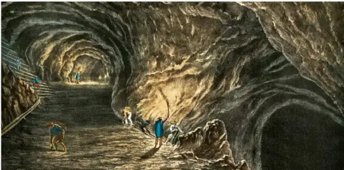 Grabado de una mina subterránea colonial con trabajadores indígenas y esclavos extrayendo mineral, con andamios y escaleras de madera.