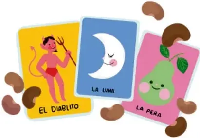 Cinco tarjetas ilustradas de juegos tradicionales mexicanos con frijoles: El Diablito, La Luna, La Pera, El Cato y La Sirena.
