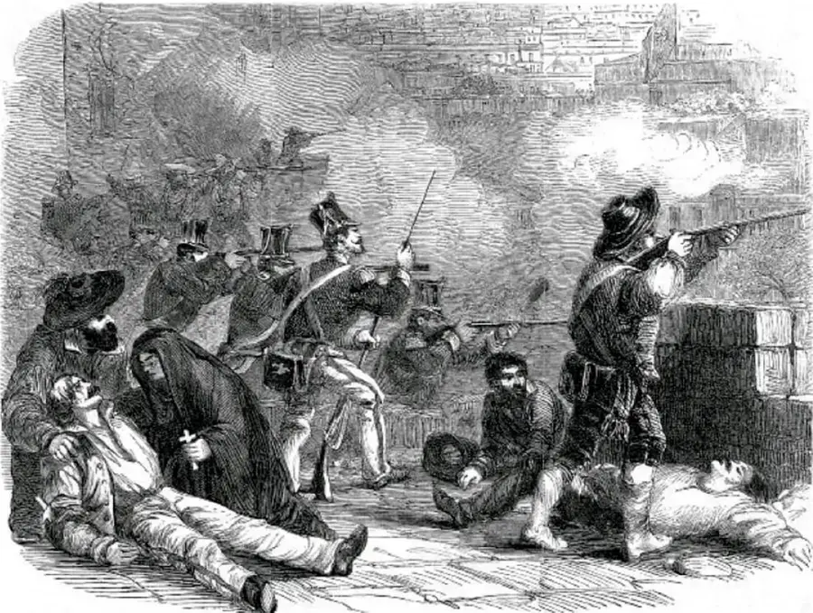 Grabado histórico que muestra una batalla urbana con soldados, civiles armados, humo de disparos, heridos y una figura religiosa junto a un caído.