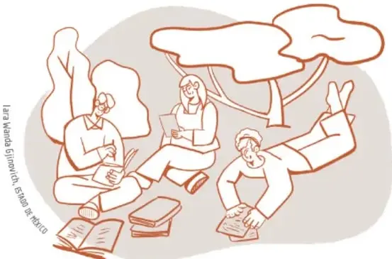 Ilustración lineal de tres estudiantes sentados en el pasto bajo un árbol leyendo y tomando notas, con libros abiertos alrededor (crédito: Iara Kardašijević, pixabay).