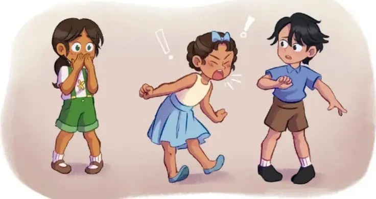 Ilustración de tres niños: una niña con las manos en la boca sorprendida, otra niña enojada gritando y un niño con expresión de molestia. Representa un conflicto entre jugadores.