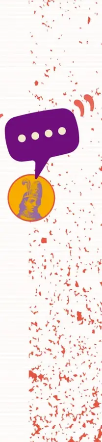 Franja con salpicaduras rojas sobre blanco, un globo de diálogo morado con puntos suspensivos y un círculo naranja con el rostro grabado de Malintzin con penacho.