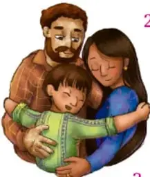 Ilustración de una familia abrazándose (padre, madre e hijo).