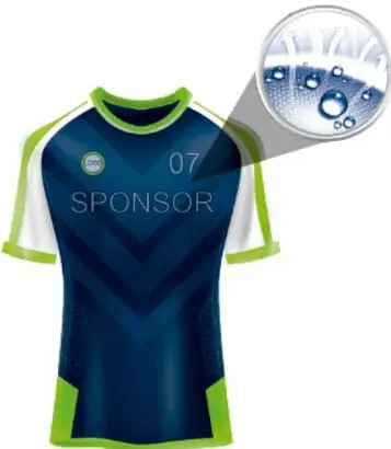 Ilustración de una playera deportiva azul con mangas verdes y la palabra SPONSOR, acompañada de una lupa que muestra la trama del tejido.