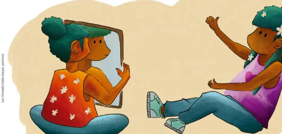 Ilustración de tres niños: uno con playera verde y brazos extendidos, una niña frente a un espejo y otra niña sentada con playera rosa.