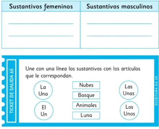 Ticket de salida con círculos de artículos y recuadros de sustantivos para unir con líneas.