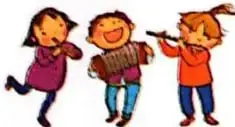 Ilustración de tres niños que forman parte de una banda escolar.