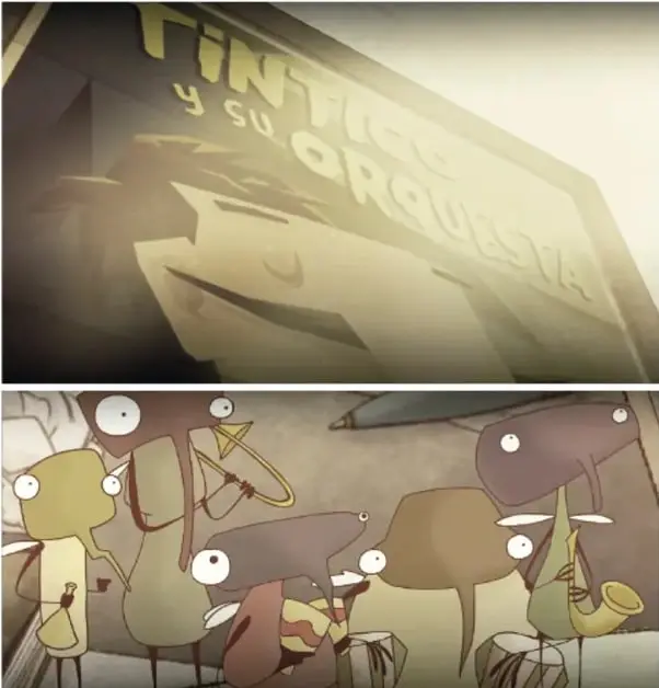 Arriba: letrero que dice "TINTICO y su orquesta" con un rostro caricaturesco. Abajo: orquesta de personajes animados tipo mosquitos tocando trompeta, clarinete y tambores, en tonos sepia.