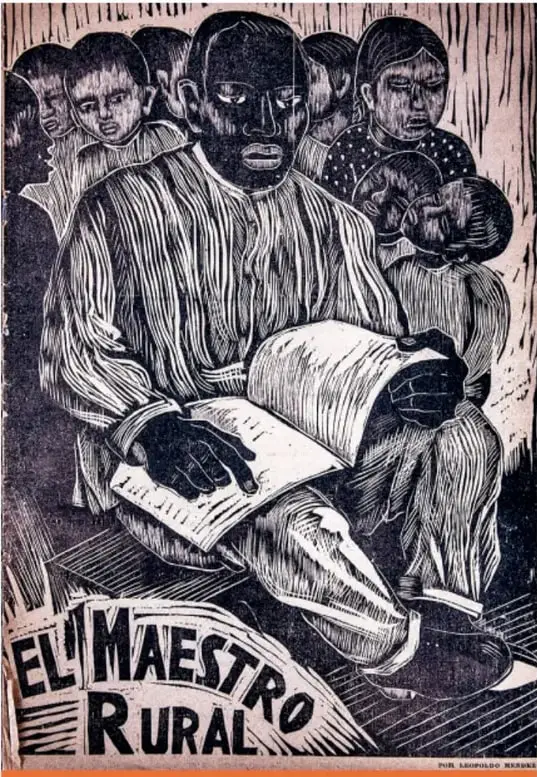 Grabado "El Maestro Rural" de Leopoldo Méndez: un maestro lee un libro rodeado de niños y adultos. Museo del Estanquillo.
